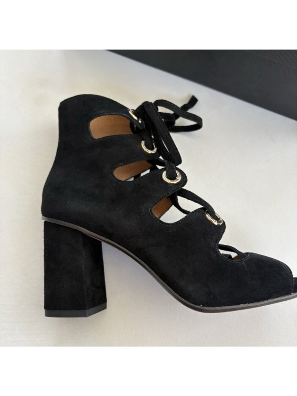 New Coach Women’s 5M Priscilla Lux Black Suede Lace Up Open Toe Sandals 3” Heels - Picture 12 of 14